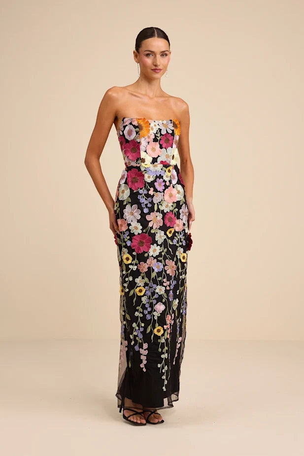 Macario Black Multi 3D Floral Embroidered Strapless Maxi Dress