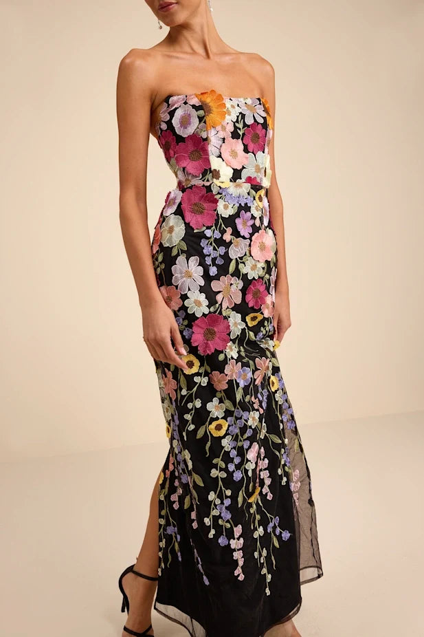 Macario Black Multi 3D Floral Embroidered Strapless Maxi Dress